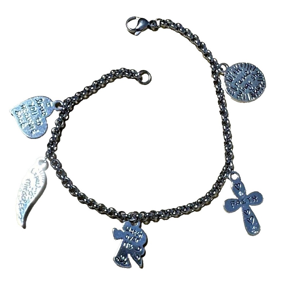 LA CN Charm Bracelet Silver Plated Angel Wing Heaven‎ Faith Cross Religious